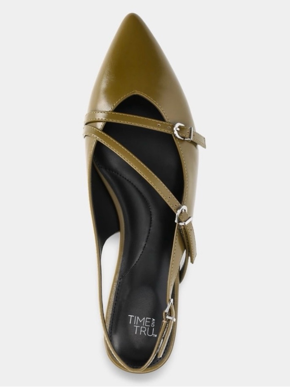 Time and Tru Olive Pointed Toe Mary Jane Flats with Double Straps
